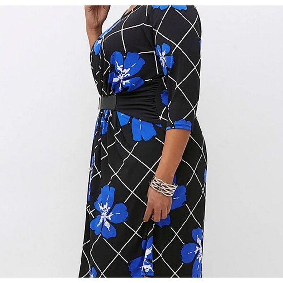 Lane Bryant Blue Floral Print Dress Attached Belt Size 22/24 3X Plus Size Career - Picture 5 of 13